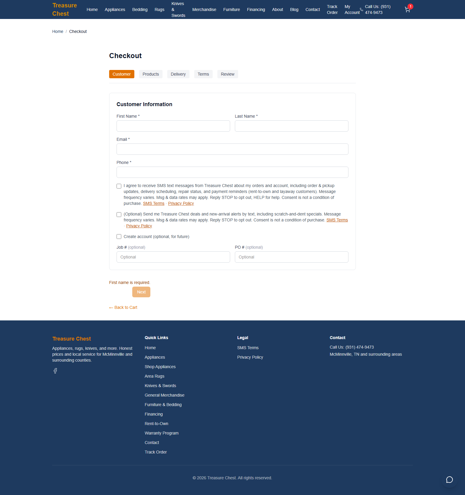 Treasure Chest website checkout showing the transactional SMS consent checkbox and the separate optional marketing SMS consent checkbox, both unchecked, each followed by SMS Terms and Privacy Policy links.