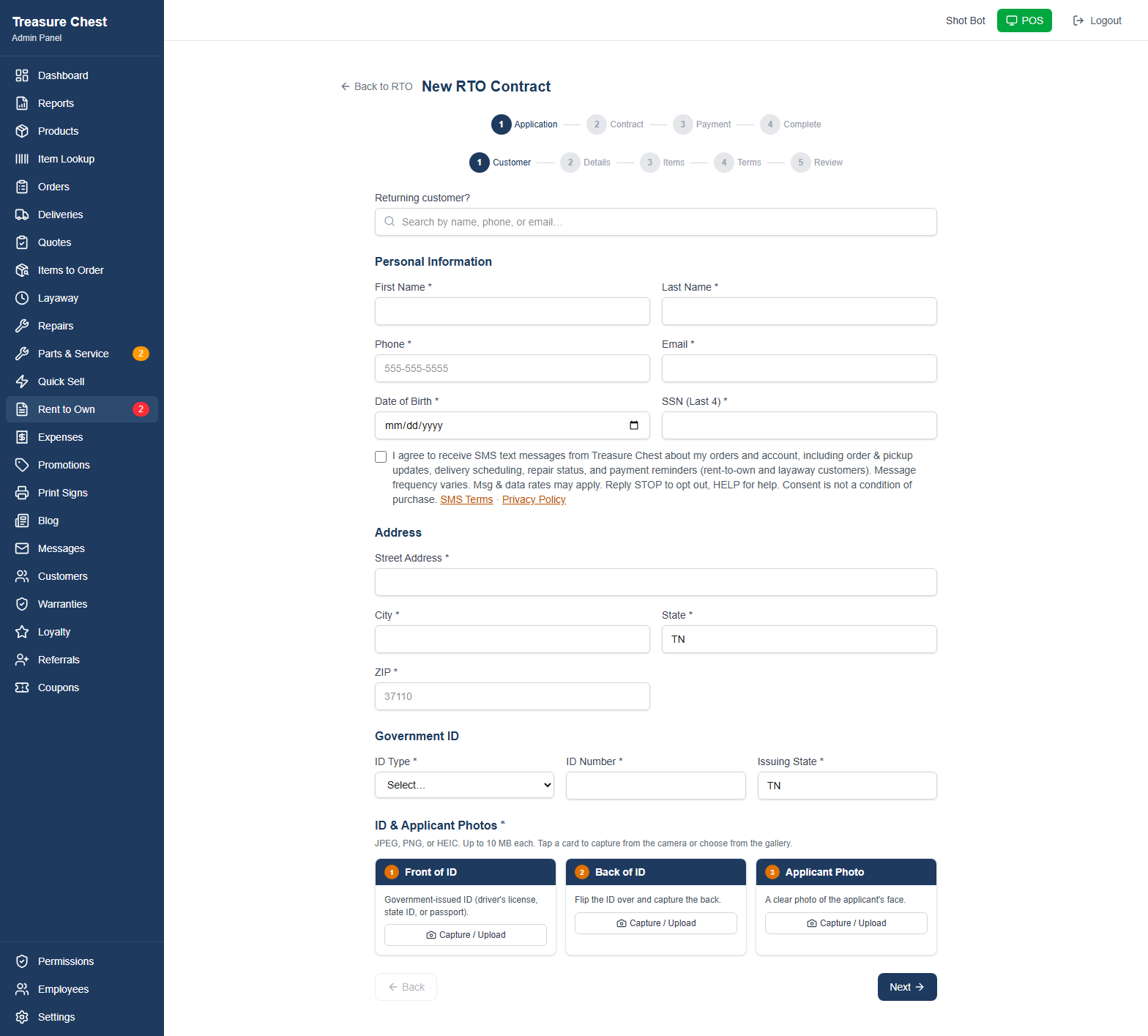 Treasure Chest rent-to-own application showing the transactional SMS consent checkbox, unchecked, directly beneath the phone and date-of-birth fields.
