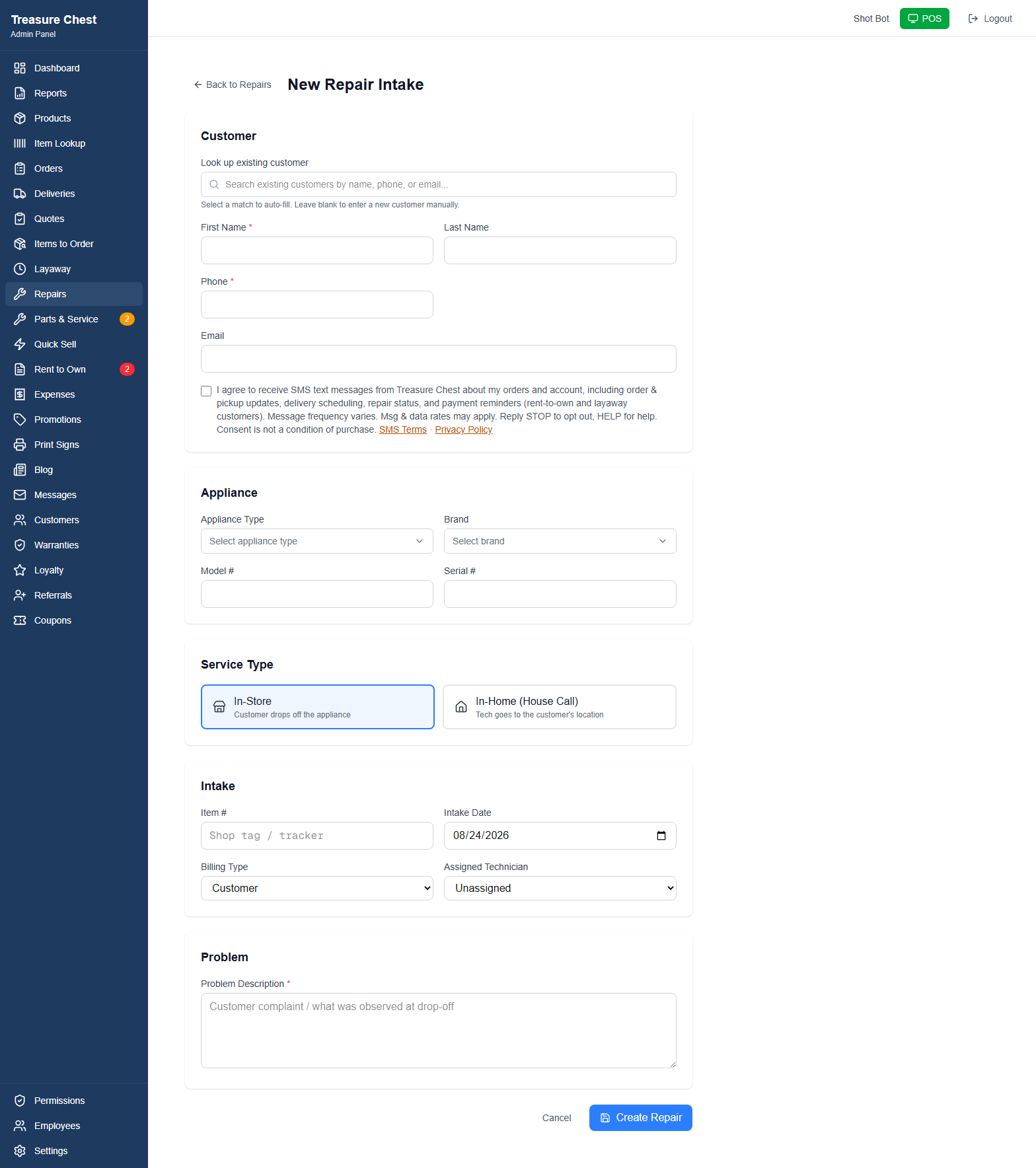 Treasure Chest repair desk intake screen showing the transactional SMS consent checkbox, unchecked, beneath the customer contact fields.